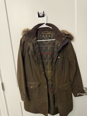 Barbour Brown Quilted Jacket with Tartan Lining and Faux Shearling Collar